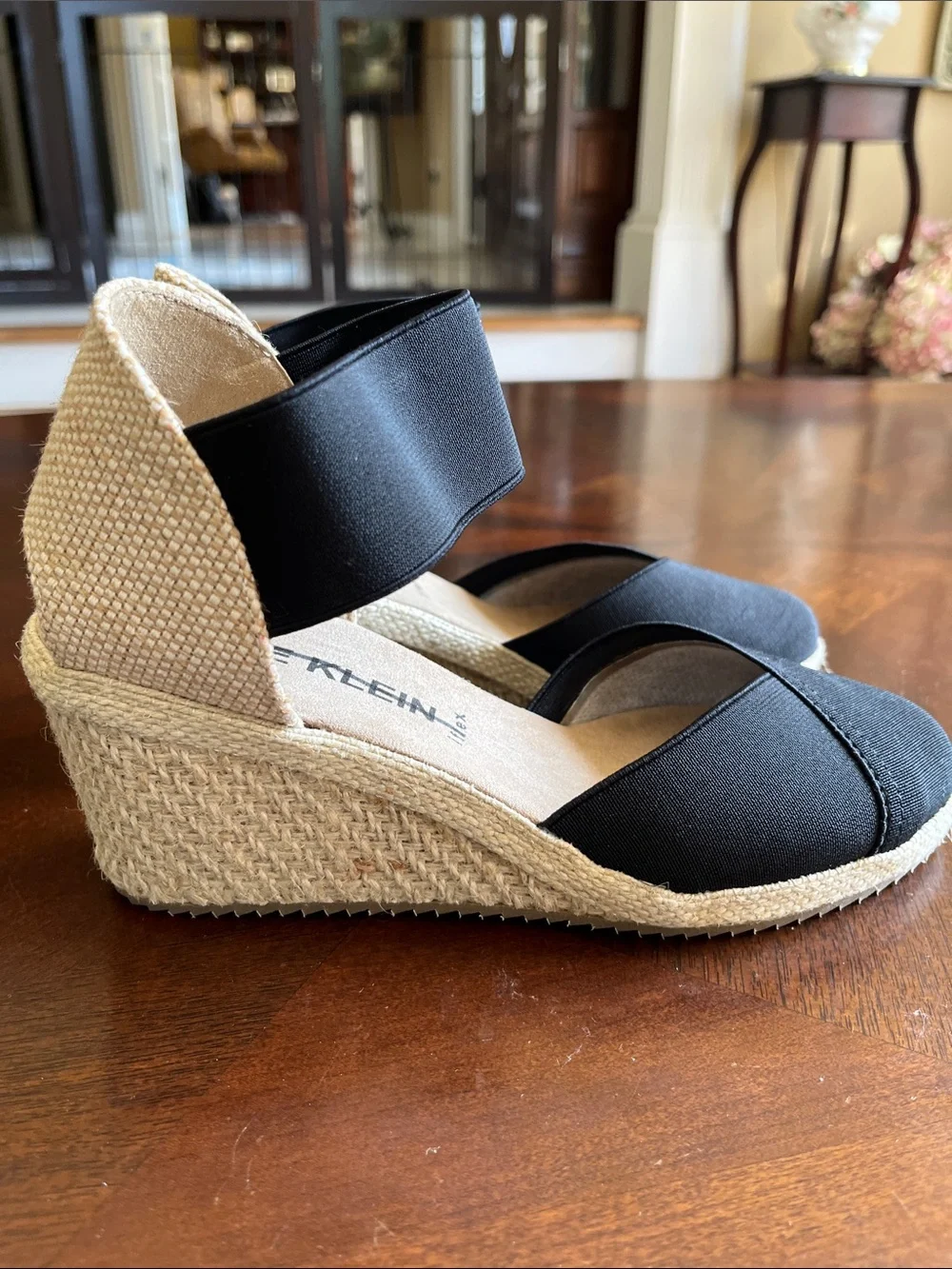 Anne Klein Black Elastic Ankle Espadrille Wedges
